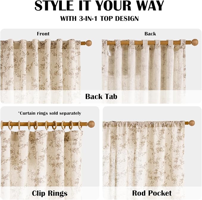 Taupe Vintage Floral Linen Curtains Farmhouse 50W X 63L 2 Panels | Elisa Series - Image 5
