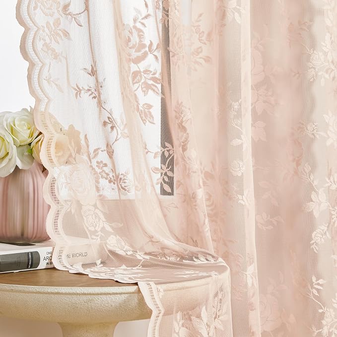 Sheer Lace Curtains 96 Inches Long 2 Panels Vintage Floral Curtains - Image 4