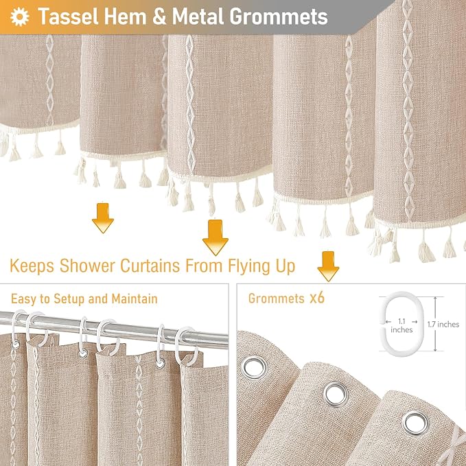 Small Boho Linen Heavy Duty Cloth Shower Curtain, Tan/Taupe | Stall Size - Image 5