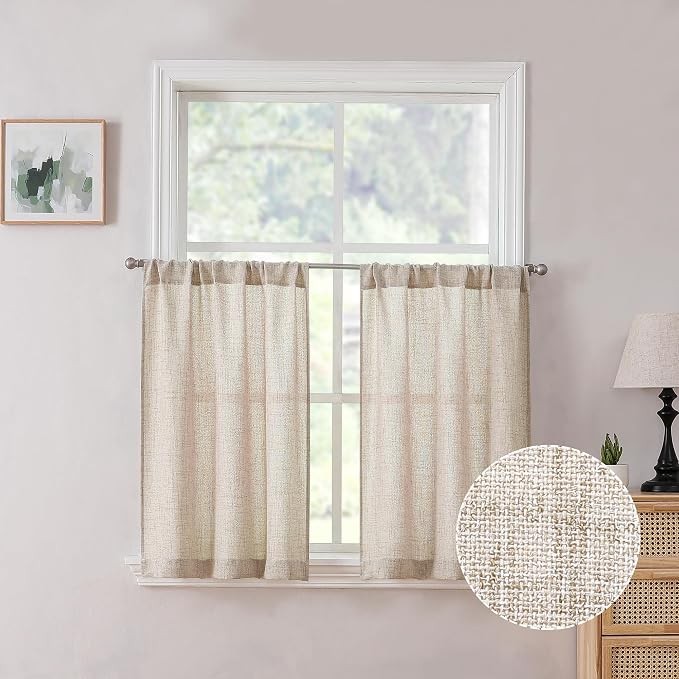 Tollpiz Linen Tier Curtains Rod Pocket Semi Sheer Short Kitchen Curtain Half by Tollpiz