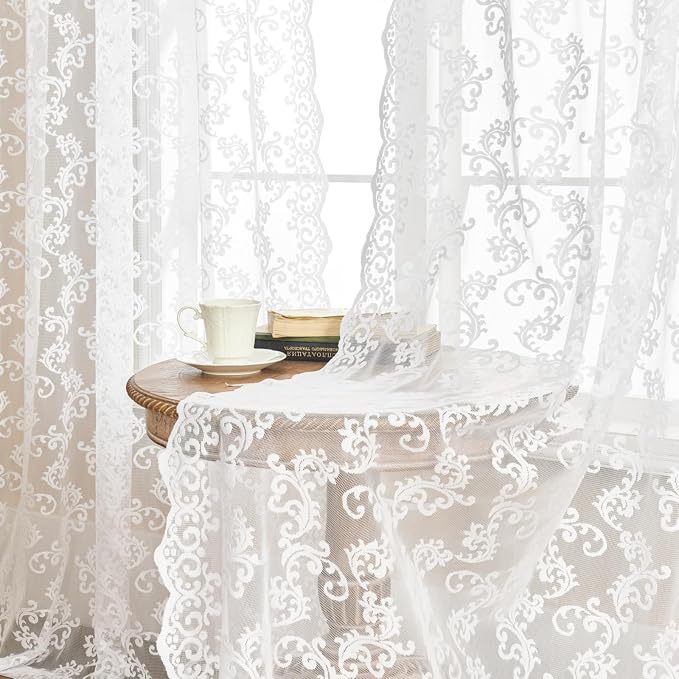 White Lace Curtains 45 Inch Length 2 Panels set Victorian Floral Sheer Curtains - Image 2