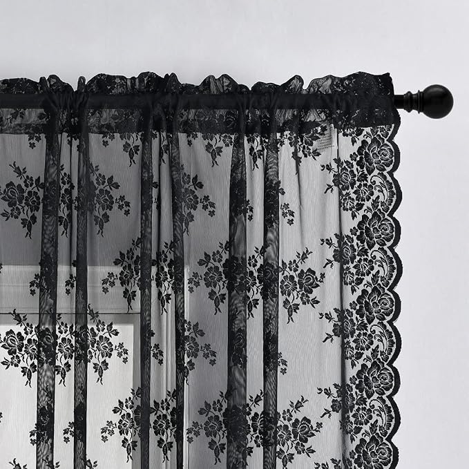 Kotile Black Lace Curtains Vintage Rustic Floral, 52 x 96 Inch, 2 Panels | Rod - Image 4