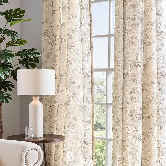 jinchan Taupe Floral Linen Curtains 108 Inch Farmhouse Back Tab 2 Panels | - Image 7