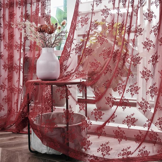 Kotile Burgundy Floral Sheer Curtains - Image 8