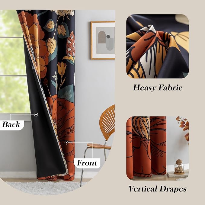 Tyrot 100% Blackout Black Boho Floral Curtains 108 Inches Extra Long - Image 5