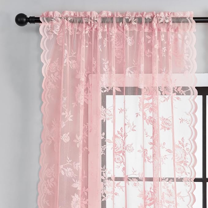 Light Pink Lace Curtains 84 Inches Long 2 Panels Romantic Flower Sheer Curtains - Image 4