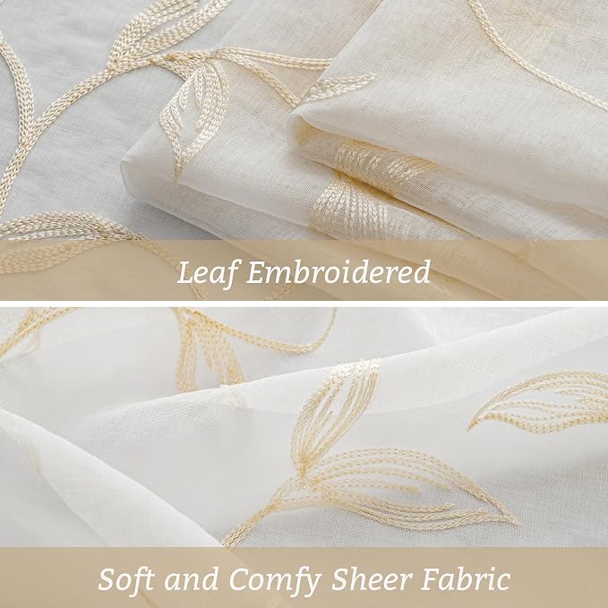 Sheer Curtains Boho Leaf Floral Embroidered Cream Beige 54Wx108L | Light - Image 5