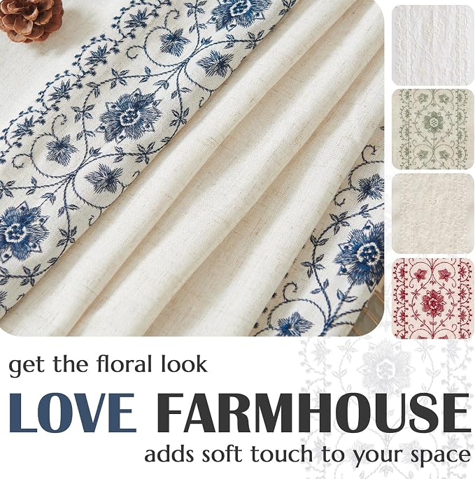 jinchan Floral Linen Curtains Embroidered Back Tab 50x63in 2 Panels Blue | - Image 5
