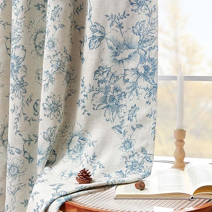 jinchan Blue Floral Linen Blackout Curtains Lined 84 Inch Back Tab 2 Panels | - Image 3
