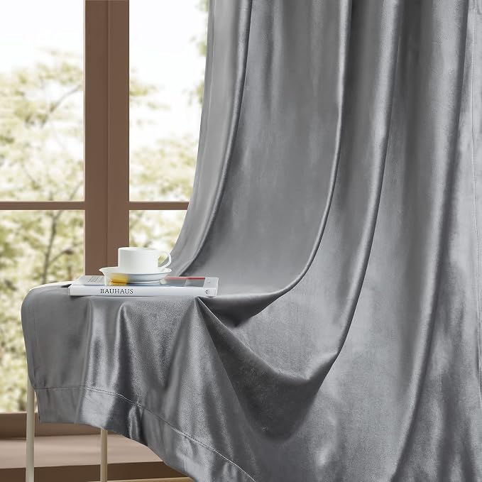 Velvet Grey Grommet Blackout Curtains 108 inch Length - Image 6