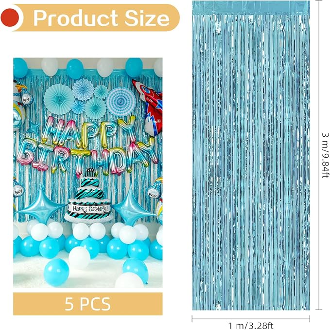 5 Pack Blue Foil Curtain Backdrop 3.2ft x 9.8ft Metallic Tinsel Foil Fringe - Image 3