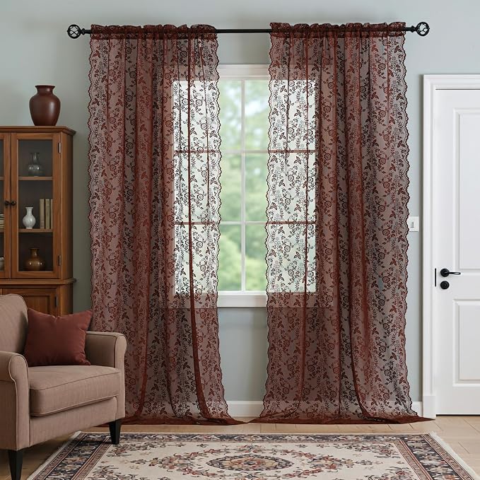 Chestnut Brown Sheer Curtains for Bedroom Rustic Floral 42x63 Inch 2-Panel | - Image 6