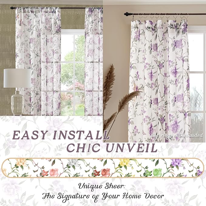 Sheer Curtains 45 Inch Length 2 Panels Set, Lavender Floral Patterned Linen - Image 7