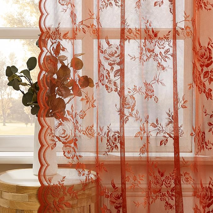 Burnt Orange Lace Curtains Short Victorian Floral Sheer Curtains 45 Inch Length - Image 5