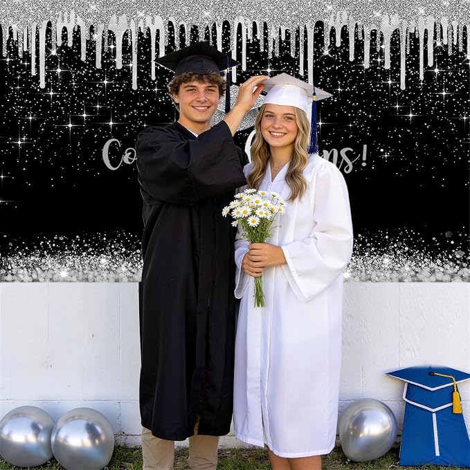 Mocsicka 10x7ft Class of 2026 Graduation Backdrop Black and Sliver Glitter 2026 - Image 4