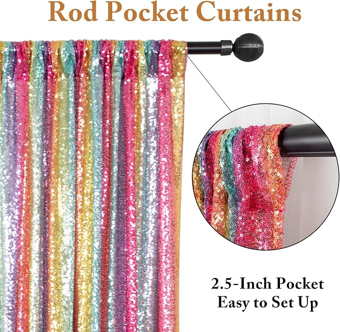 ShinyBeauty 5x7 FT Rainbow Sequin Backdrop | Rod Pocket Hanging Photo Booth - Image 3