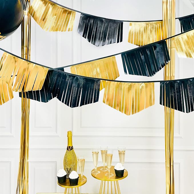 Black and Gold Tassel Banner Double Sided Metallic Fabric Pennant Bunting Flag by pinkblume