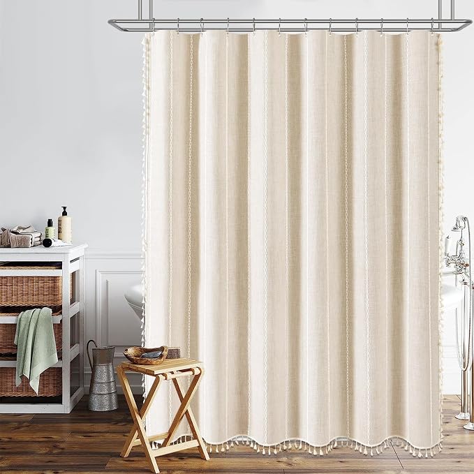72x96 Extra Long Boho Linen Heavy Duty Shower Curtain Set, Cream/Beige | Extra - Image 6