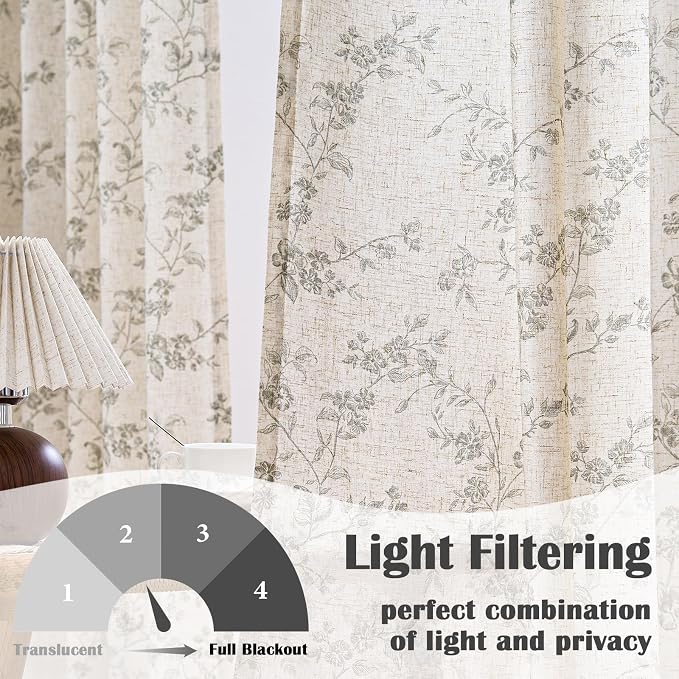 Grey Vintage Floral Linen Curtains Farmhouse 38W X 84L 2 Panels | Elisa Series - Image 2