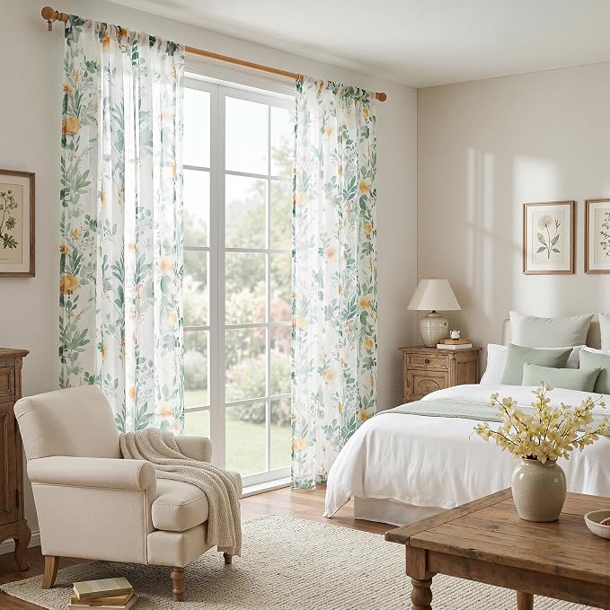 MYSKY HOME Green Sheer Floral Curtains 90 Inch Length - Image 9