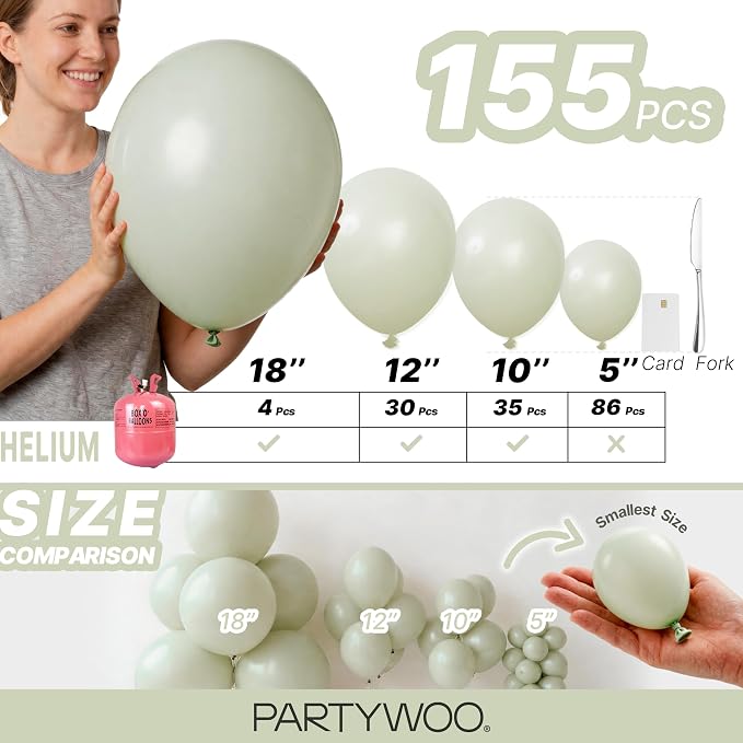 PartyWoo Sage Green Balloons 155pcs Different Sizes of 18 12 10 5 Inch Dusty - Image 6