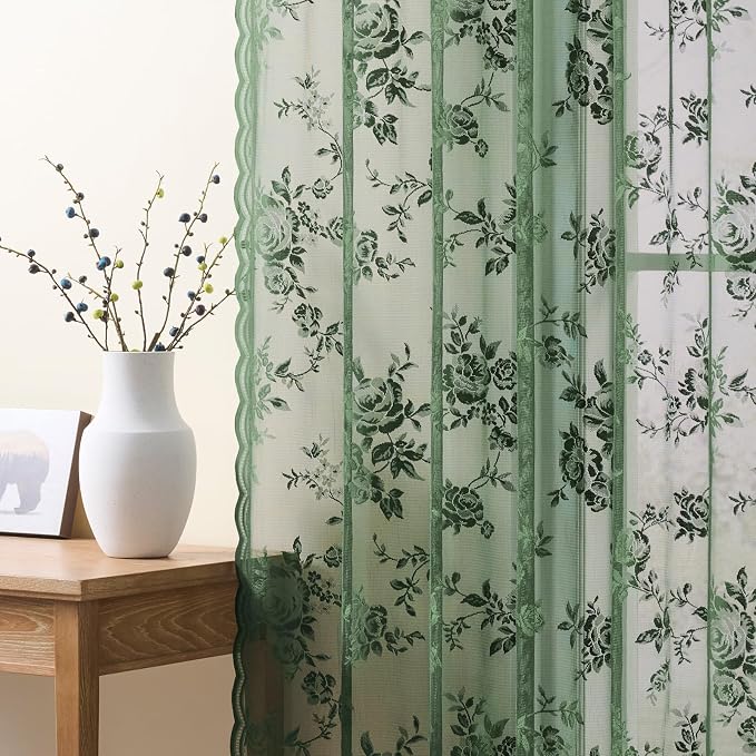 Dark Green Lace Curtains 84 Inches Long Victorian Floral Sheer Curtains - Image 2