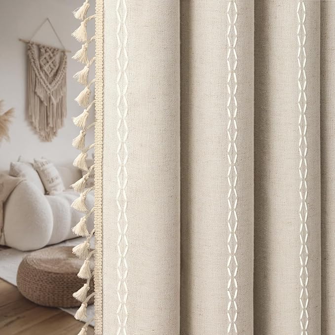 Boho 100% Blackout Curtains 72 Inch 2 Panels Linen Blend Beige | Vintage - Image 8