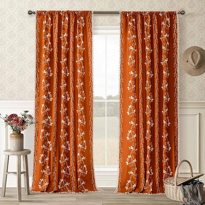 F-CHU Burnt Orange Floral Curtains Bohemian Drapes 72 Inch Length Cotton Linen - Image 2