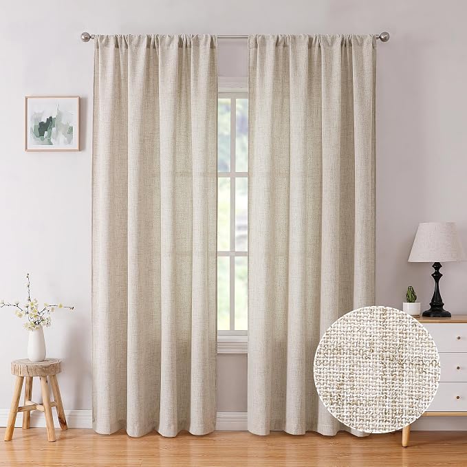Tollpiz Linen Curtains Living Room Rod Pocket Semi Sheer Curtain Burlap Light by Tollpiz