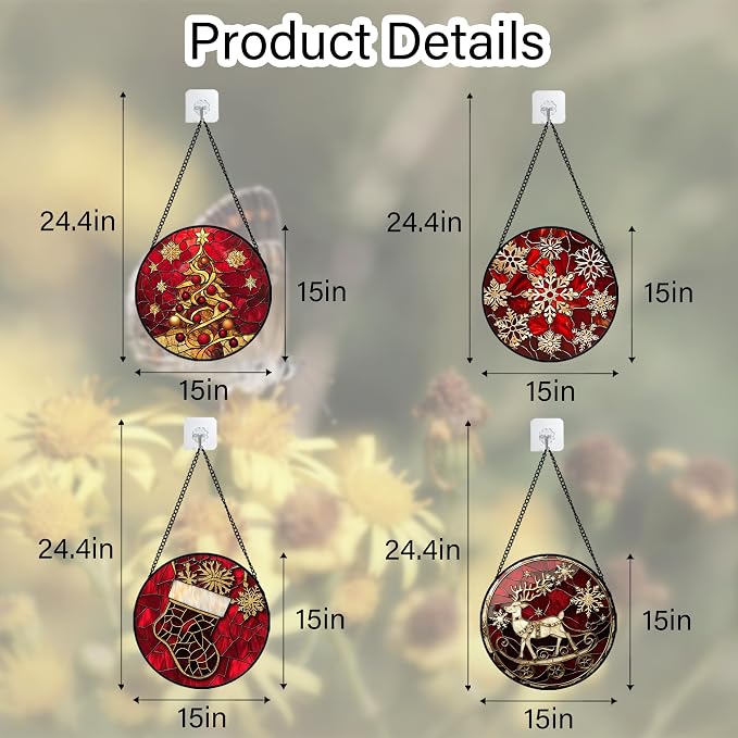 DASTOLL Stained Glass Window Hanging 4 Pcs Set Red Christmas Elk Snowflakes - Image 6