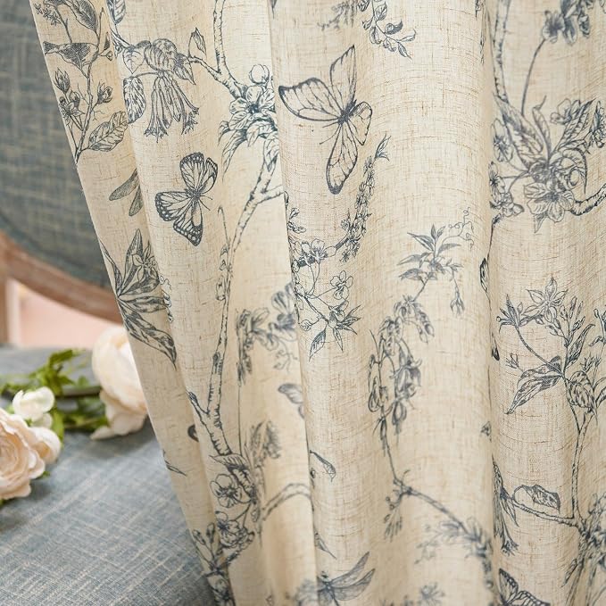 Blue Floral Linen Curtains Farmhouse Rod Pocket 50W X 84L 2 Panels | Charlotte - Image 8