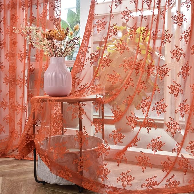 Kotile Burnt Orange Floral Lace Curtains - Image 7