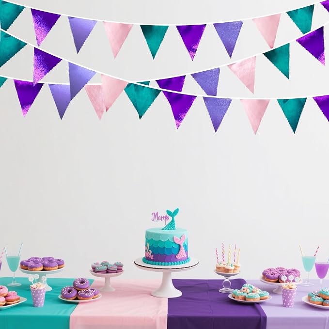 Mermaid Party Decorations Purple Pink and Teal Aqua Metallic Fabric Triangle - Image 4