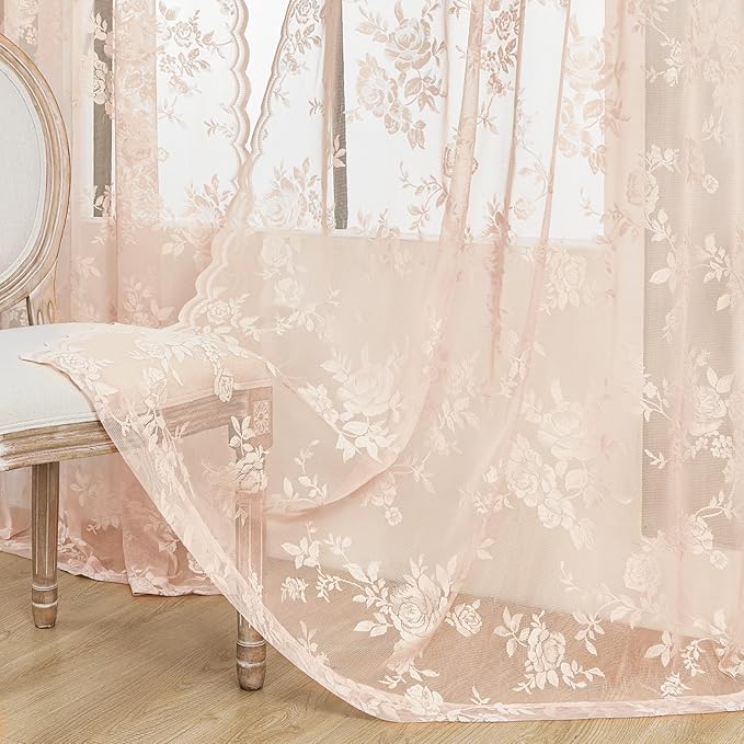 Sheer Lace Curtains 96 Inches Long 2 Panels Vintage Floral Curtains - Image 2