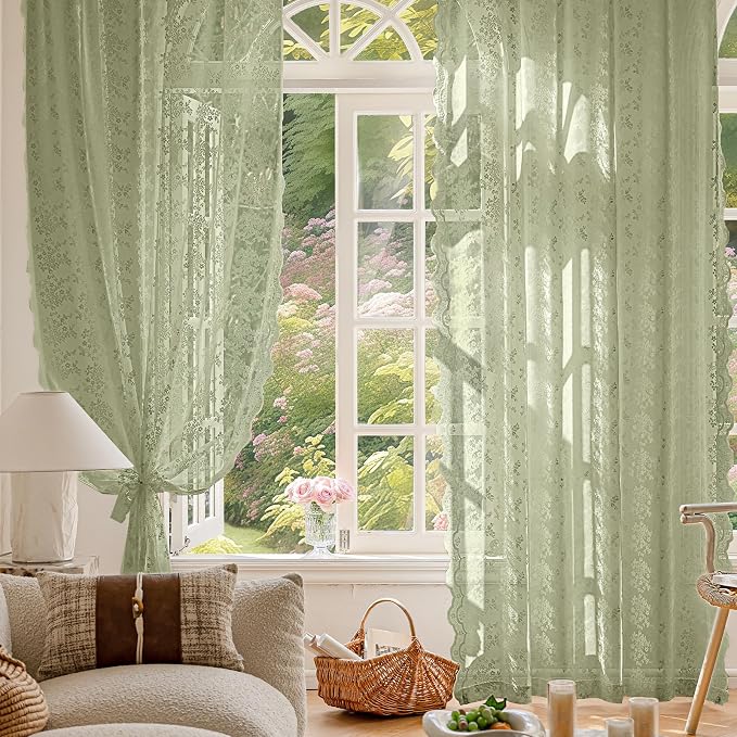 Anmao Vintage Lace Curtains 96 Inches Long 2 Panels Set, Romantic Elegant Light - Image 2