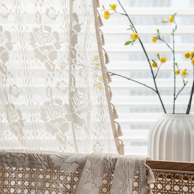 Sutuo Home Boho Kitchen Curtains Crochet Florals Embroidery, Bohemian Sheer - Image 2
