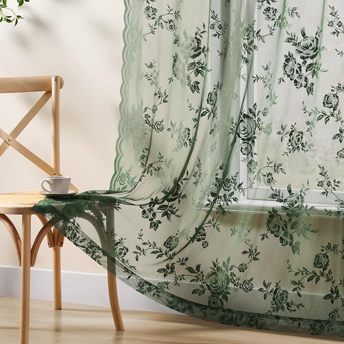 Leaf Green Lace Curtains 72 Inch Length 2 Panels set Victorian Floral Sheer - Image 5