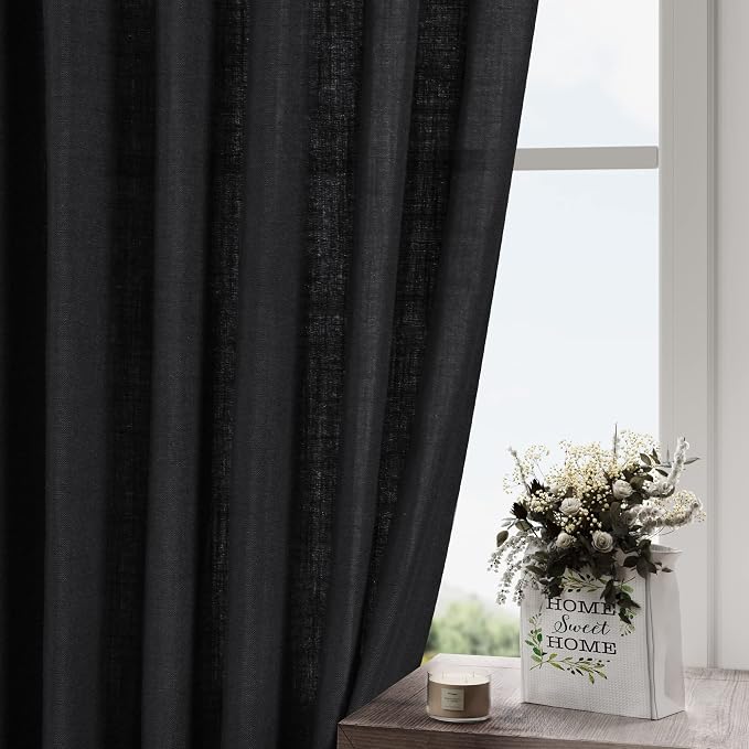 Black Linen Blend Drapes 84 Inch Length 2 Panels Set Back Tab Rod Pocket Light - Image 5