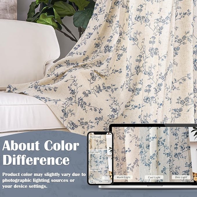 Blue Vintage Floral Linen Curtains Farmhouse 38W X 90L 2 Panels | Elisa Series - Image 6