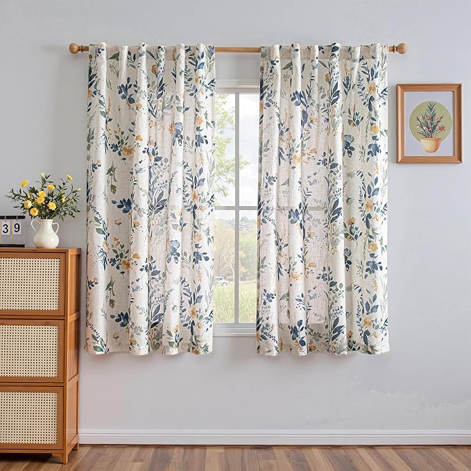 MYSKY HOME Linen Floral Curtains 63 inches Long 2 Panels Set - Image 2