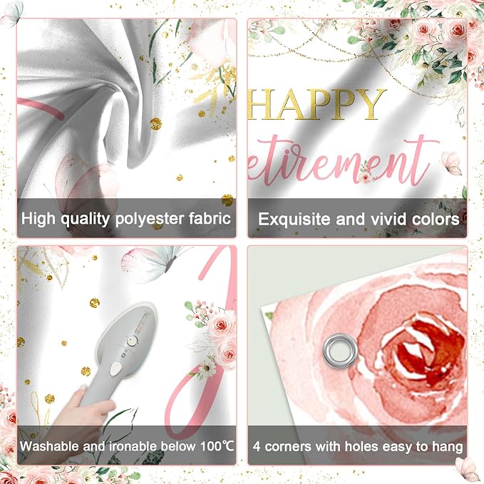 Mocsicka Happy Retirement Backdrop Pink Floral Women Retirement Banner Party - Image 3