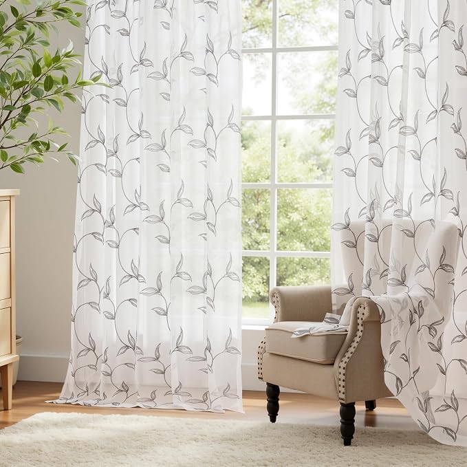 Sheer Curtains Boho Leaf Floral Embroidered Grey 54Wx72L | Light Filtering Semi - Image 6