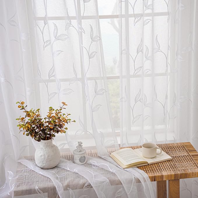 White Sheer Curtains Boho Leaf Floral Embroidered 54Wx96L | Light Filtering - Image 7