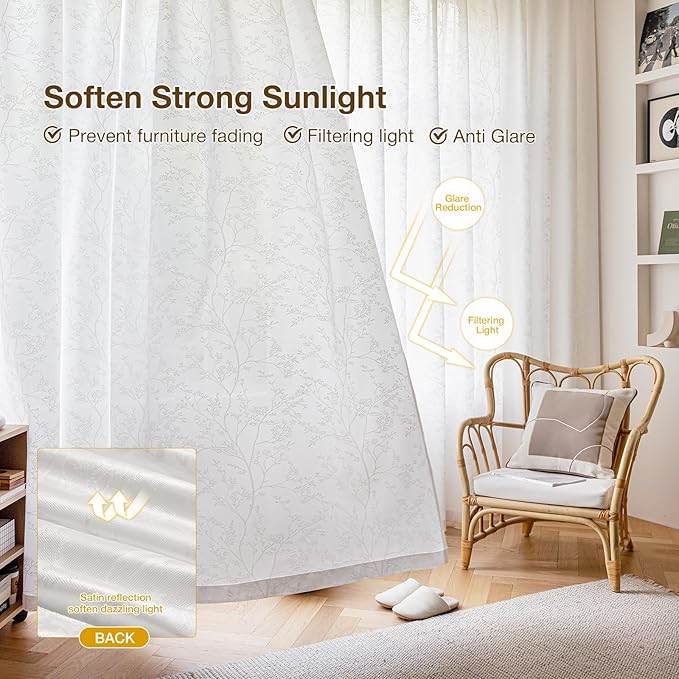 Anmao White Semi Sheer Light Filtering Curtains 63 Inches Long 2 Panels - Image 5