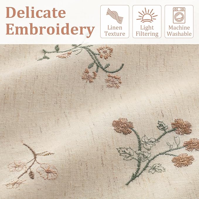 Floral Embroidered Light Filtering Curtains 96 Inch 2 Panels | Linen Blend - Image 3
