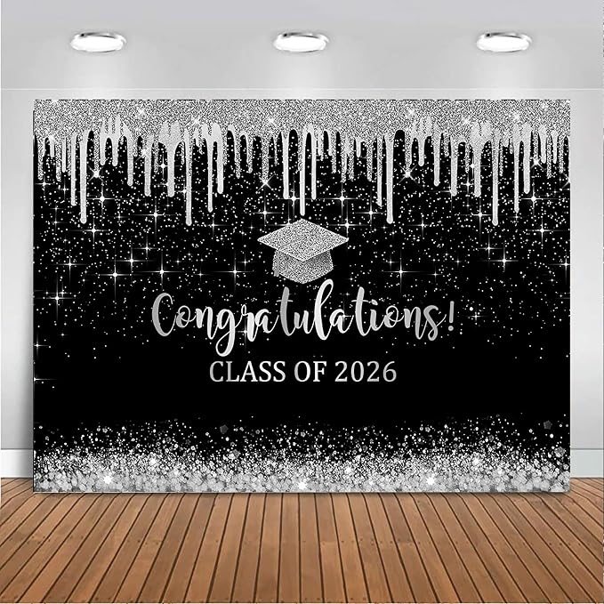 Mocsicka 10x7ft Class of 2026 Graduation Backdrop Black and Sliver Glitter 2026 by Mocsicka