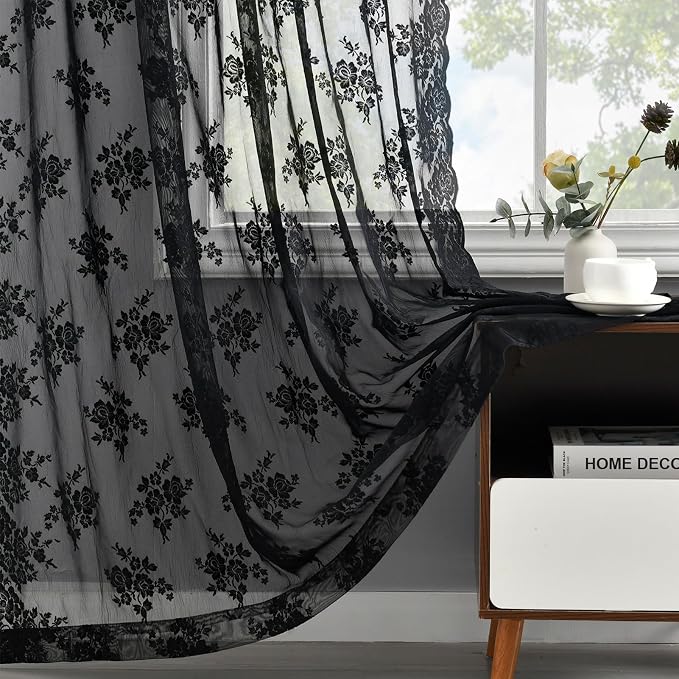 Kotile Black Lace Curtains for Bedroom Vintage Floral W42xL54 Inch 2 Panels | - Image 6