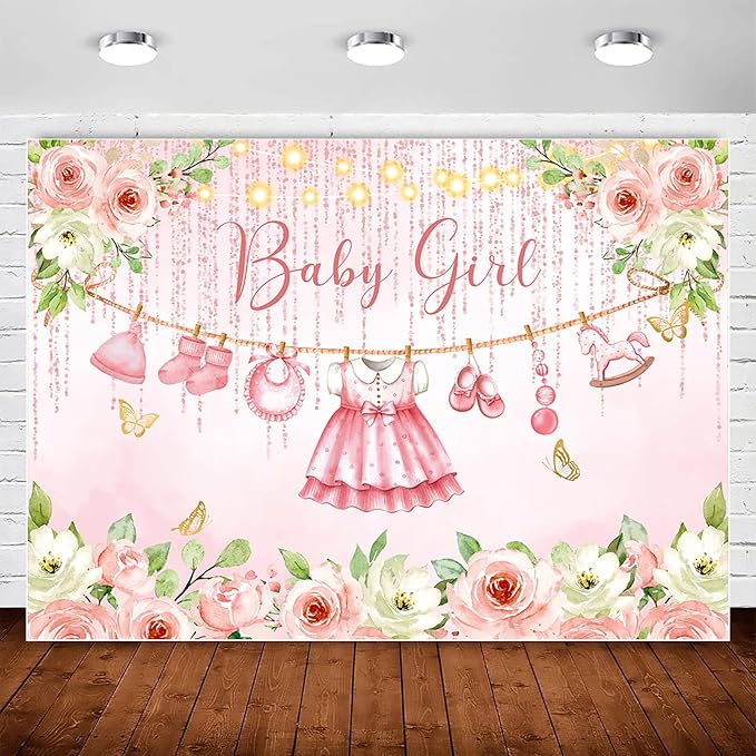 InMemory Baby Girl Baby Shower Backdrop Pink Floral Baby Shower Decorations by InMemory