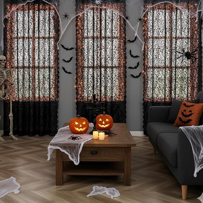 Bujasso Black Sheer Lace Curtains 63 inch Vintage Floral Sheer Window Curtain - Image 2