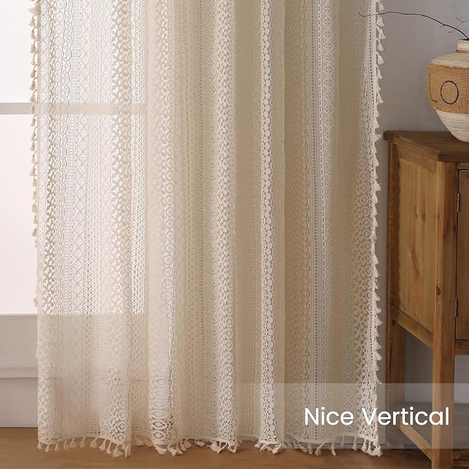 WAZZIO Boho Lace Curtains 105 Inch 2 Panel, Light Filtering Privacy Tassel & - Image 6